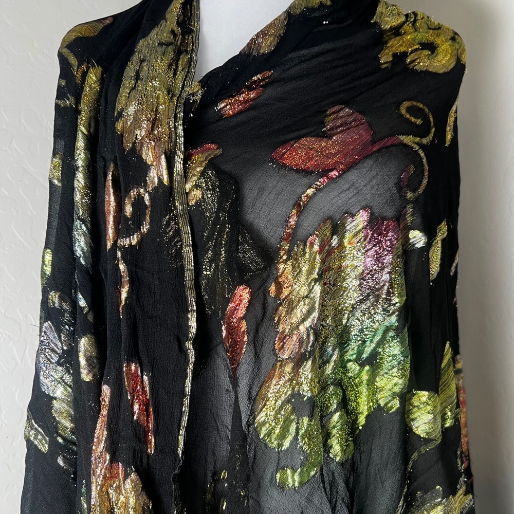 Black Metallic Floral Fil Coupe Scarf Wrap Shawl Multi Functional Sarong